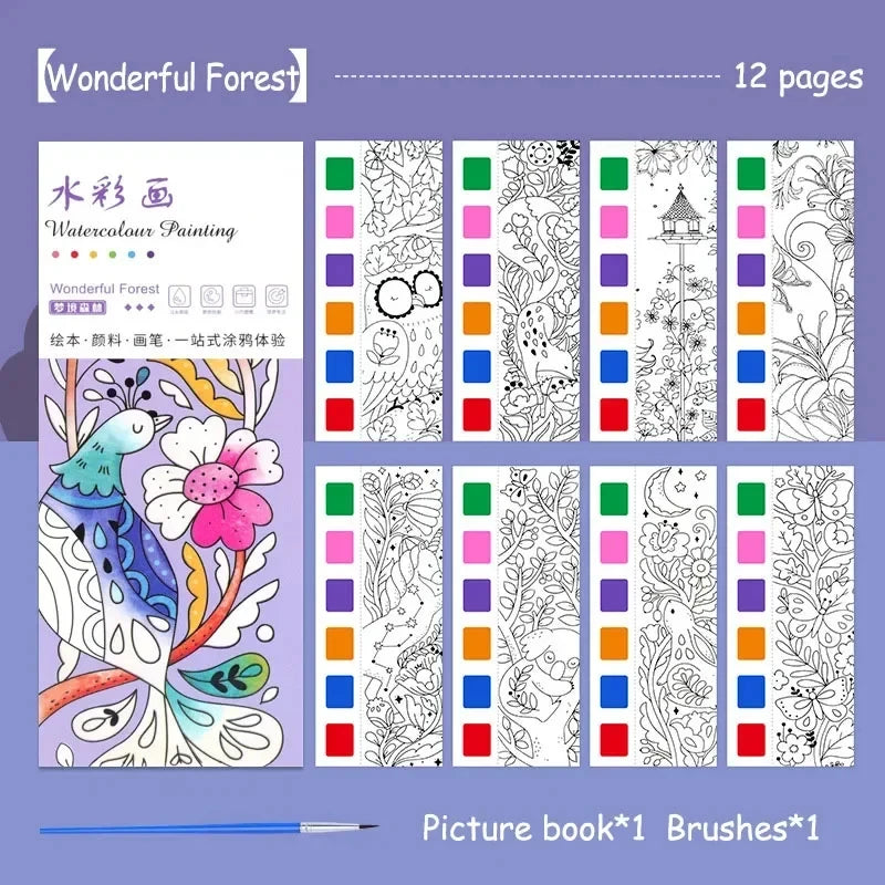 A picture book showing 12 pages of watercolor painting designs with illustrations and decorative elements.