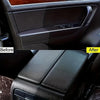 Before and after comparison of a tire and trim restorer deep black gloss coating on a car interior panel and leather seat.