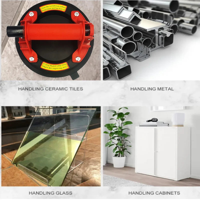 Various products including a ceramic tile lifter, metal handling tools, glass display, and cabinets.