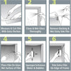 Six steps demonstrating how to measure, clean, apply, and trim natural black window film on a glass frame.