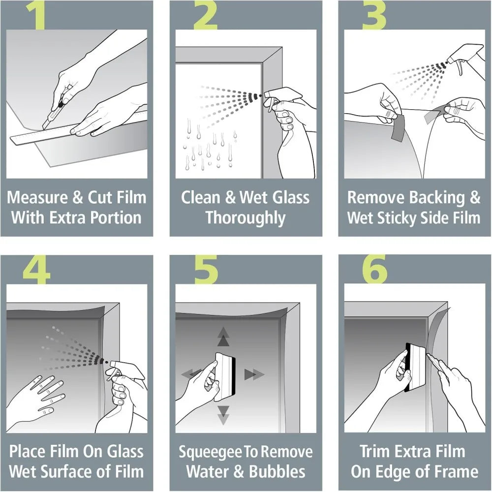 Six steps demonstrating how to measure, clean, apply, and trim natural black window film on a glass frame.