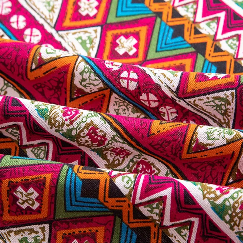 Bohemian Cotton Linen Fabric with Vintage Ethnic Print