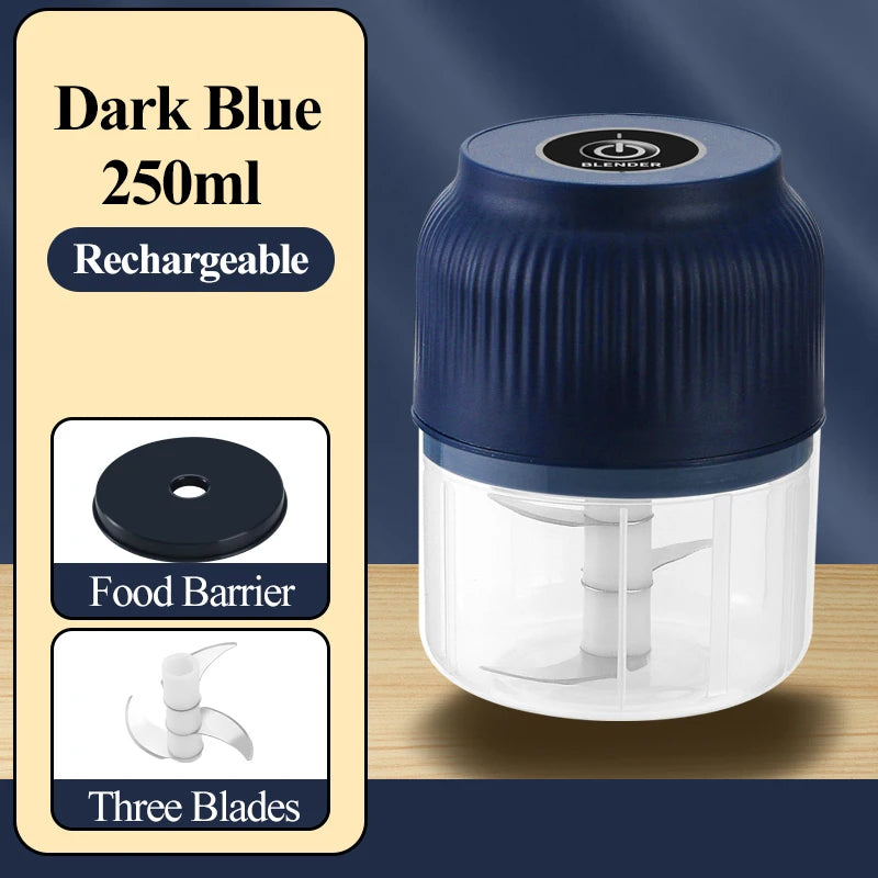 Dark blue rechargeable blender jar with a clear lid and three blades for food processing