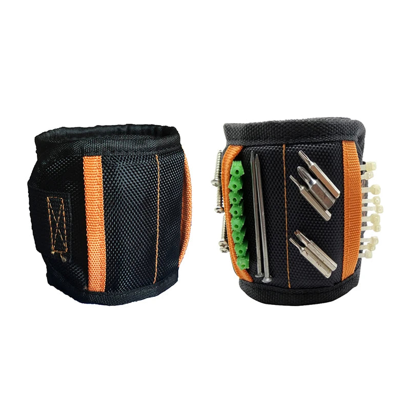 Black magnetic wrist strap with orange accents holding various screws, nails, and small tools.