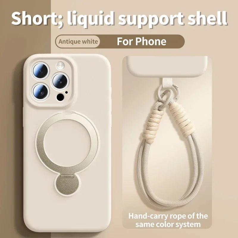 Antique white phone case with a magnetic silicone shell and hand-carry rope lanyard