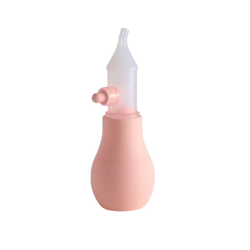 A pink gentle baby nasal aspirator with a silicone tip.