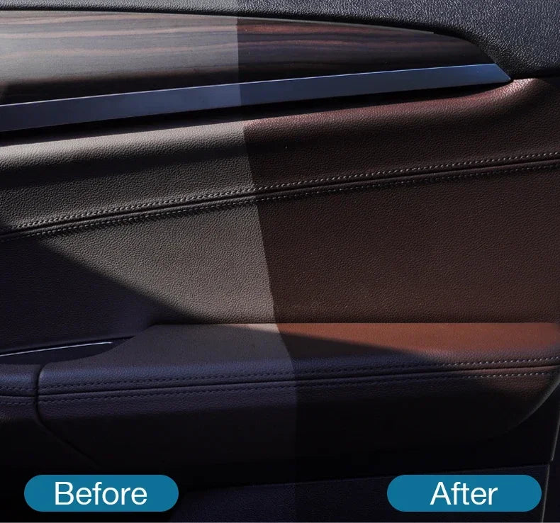 Before and after comparison of a car plastic and leather restorer application on a car interior surface.