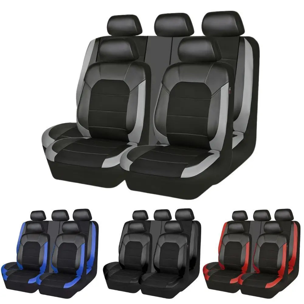 A set of black PU leather car seat covers with breathable mesh for universal fit.