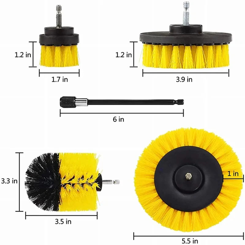 A set of three yellow and black scrubbing brushes for use with cordless drills.