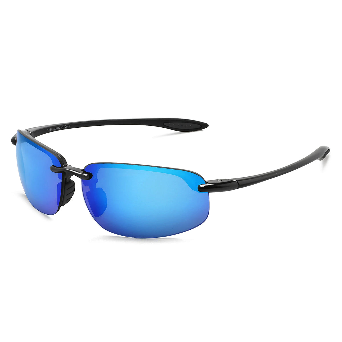 Rimless polarized sports sunglasses with a blue lens and black TR90 frame