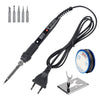 A black soldering iron with an LCD display and cord, along with a soldering tip and a flat soldering iron stand.