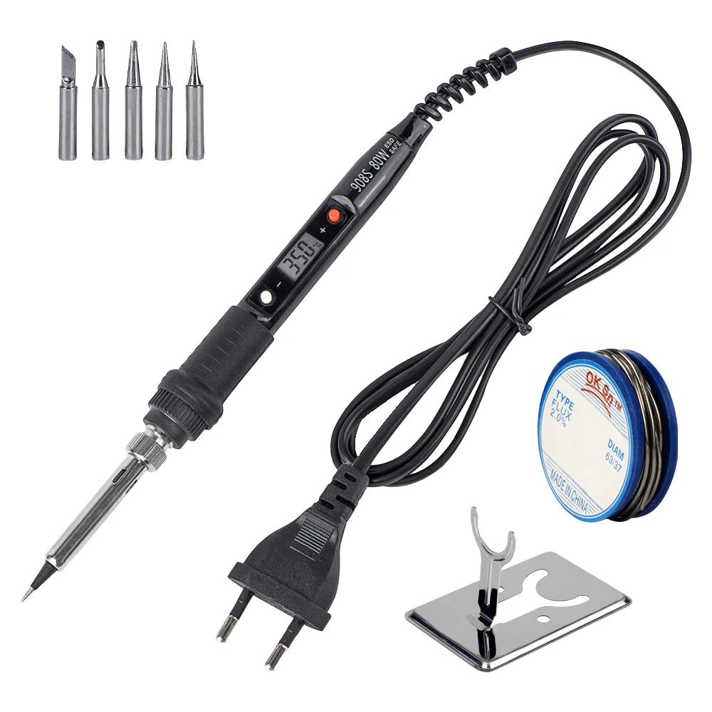 A black soldering iron with an LCD display and cord, along with a soldering tip and a flat soldering iron stand.