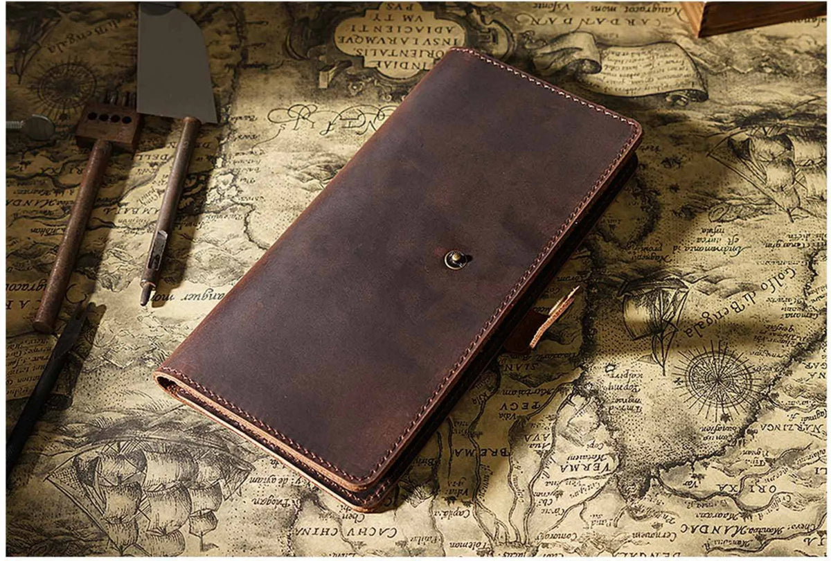 Vintage Leather Long Bifold Wallet with Snap Closure