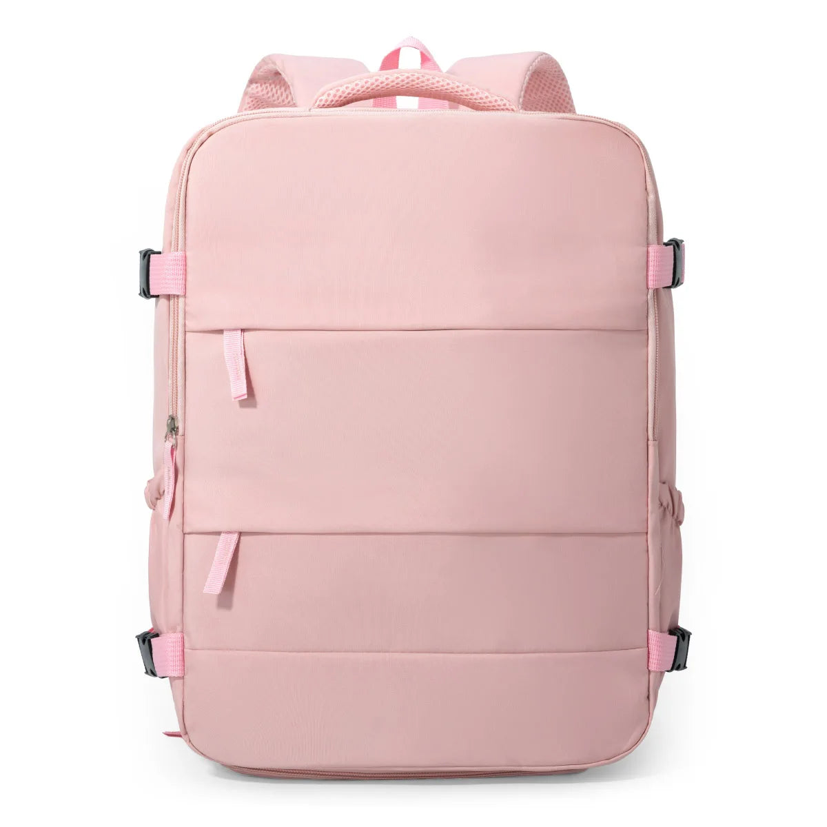 A pink travel and commuter backpack with pink straps and zippered compartments.