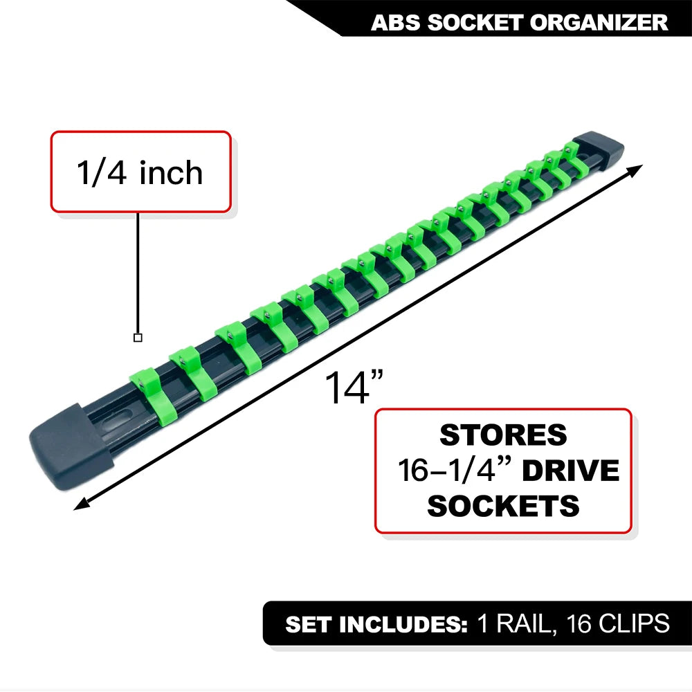 ABS socket organizer rail with a 1/4 inch handle and 16 clips for storing drive sockets