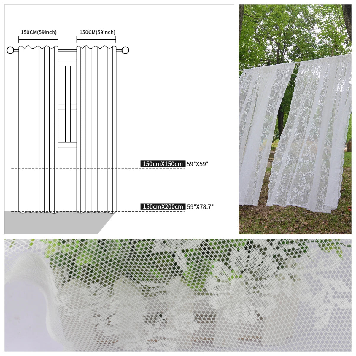 Two panels of white vintage floral lace sheer curtains displayed hanging outdoors and a close-up of the lace fabric.
