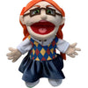 A plush toy of Jeffy featuring orange hair, glasses, and a blue and yellow patterned outfit.