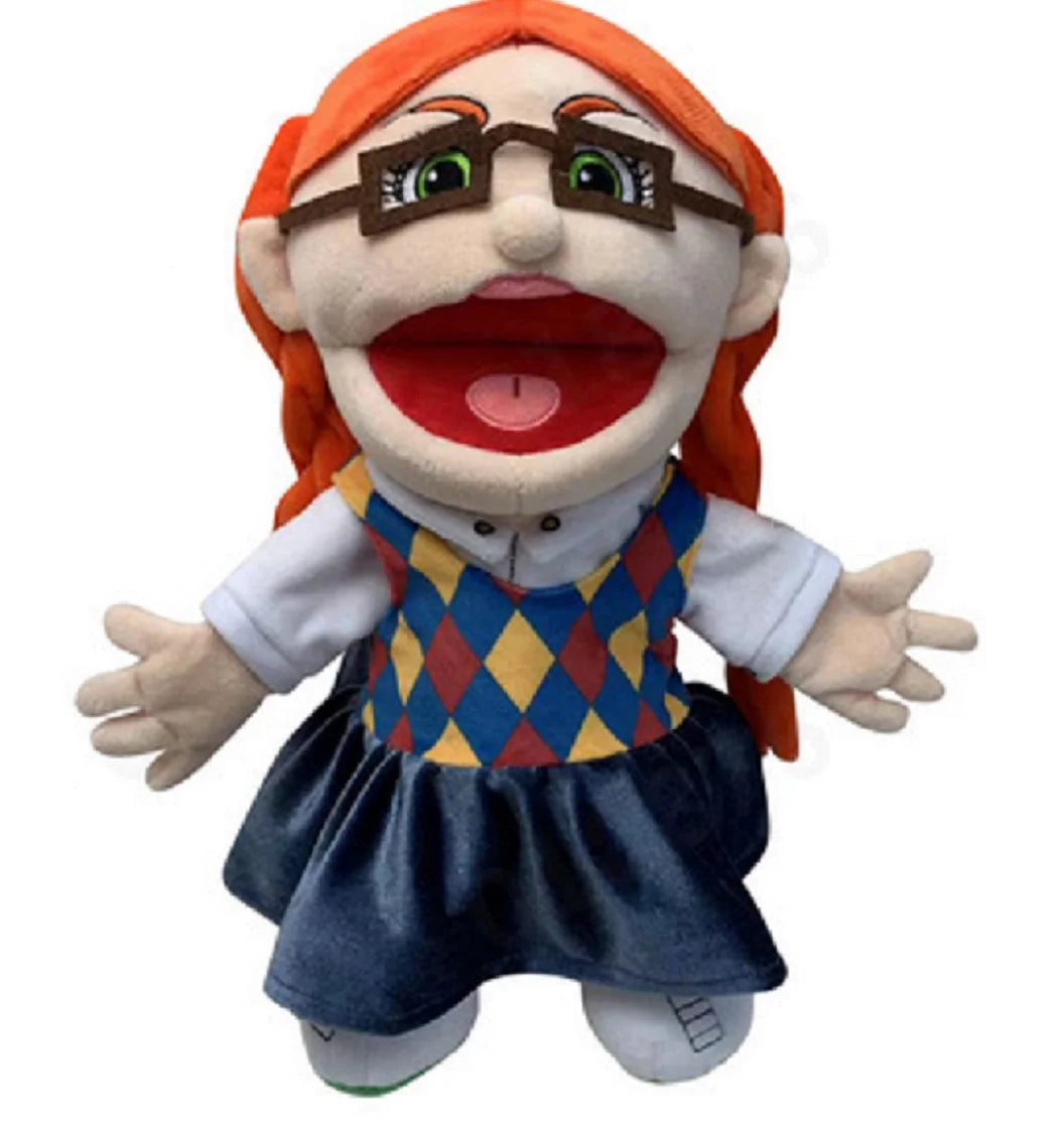 A plush toy of Jeffy featuring orange hair, glasses, and a blue and yellow patterned outfit.