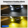 Comparison of loading effects showing a car with halogen fog lights versus LED fog lights illuminating the road.