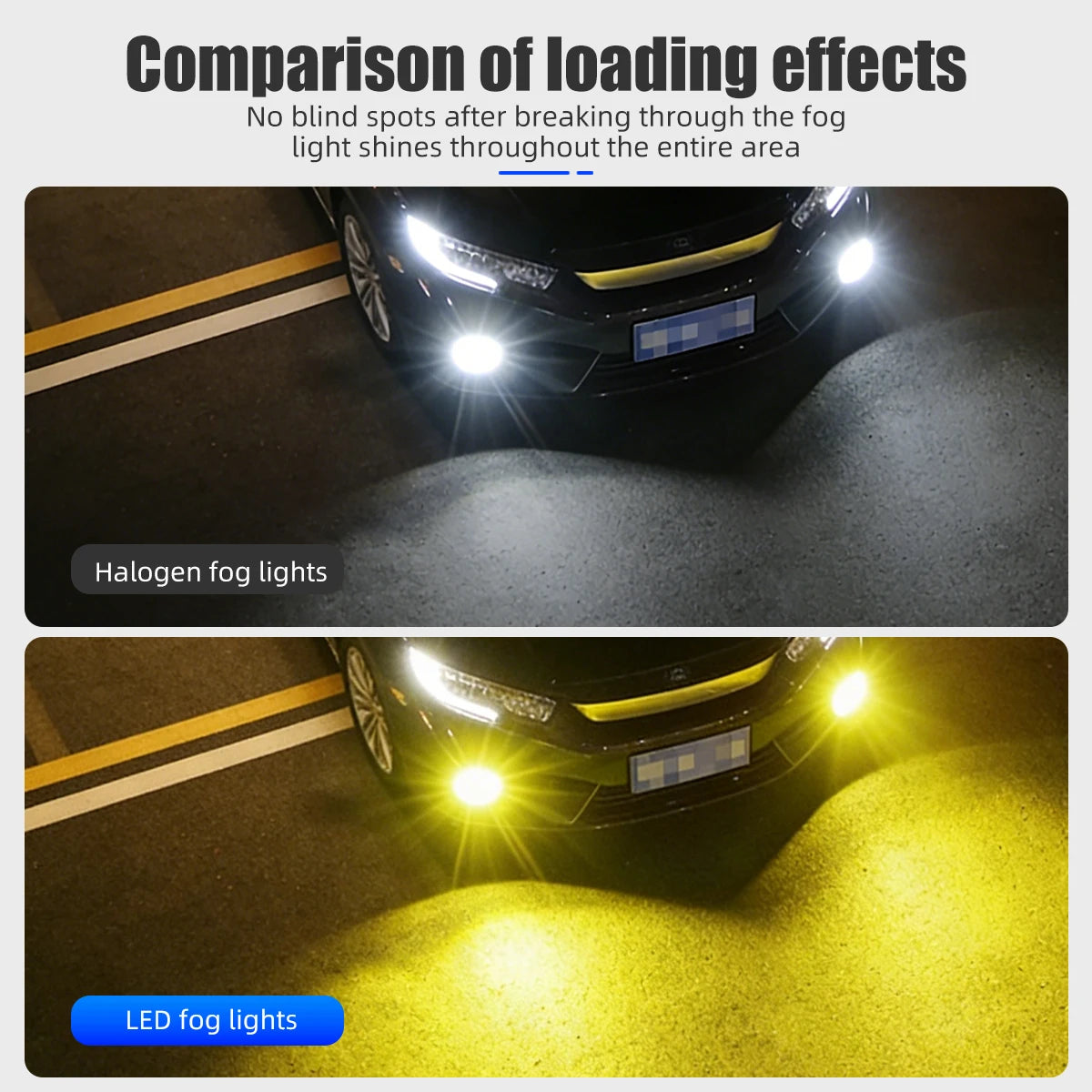 Comparison of loading effects showing a car with halogen fog lights versus LED fog lights illuminating the road.