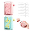 A pink and mint green portable automatic floss pick dispenser with a touchless pop-up mechanism and floss picks.