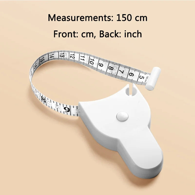 A white automatic retractable body measuring tape is shown with a flexible tape and a plastic casing.