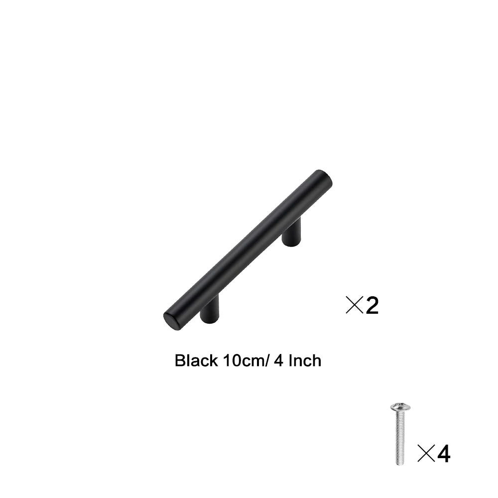 Set of black cabinet handles and four screws for installation