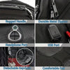 Close-up view of a black travel backpack showing features like a rugged handle, durable metal zippers, headphone port, detach
