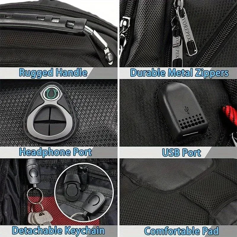 Close-up view of a black travel backpack showing features like a rugged handle, durable metal zippers, headphone port, detach