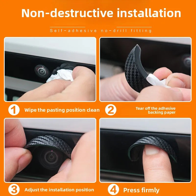 Step-by-step guide showing non-destructive self-adhesive fitting of a carbon fiber rain cover for a car rear camera.