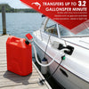 A red portable fuel transfer pump is connected to a white boat, demonstrating liquid transfer capability.