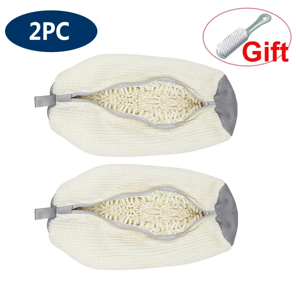 Two reusable mesh shoe laundry bags with a gift brush shown for washing and drying shoes