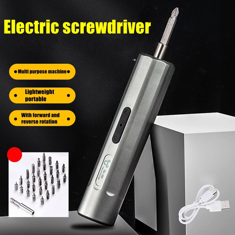 A silver electric screwdriver with a screwdriver bit is shown against a dark background, next to its charging cable.