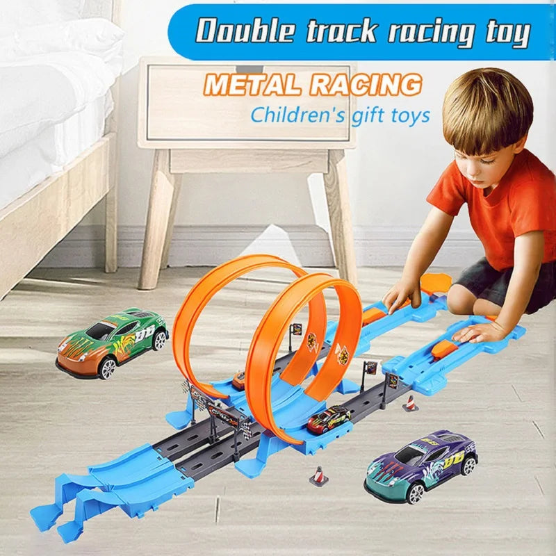 A blue and orange double track racing toy set with cars on a wooden table.