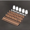 A collection of 60 plasma cutter torch consumables, including nozzles and tips, arranged on a dark surface.
