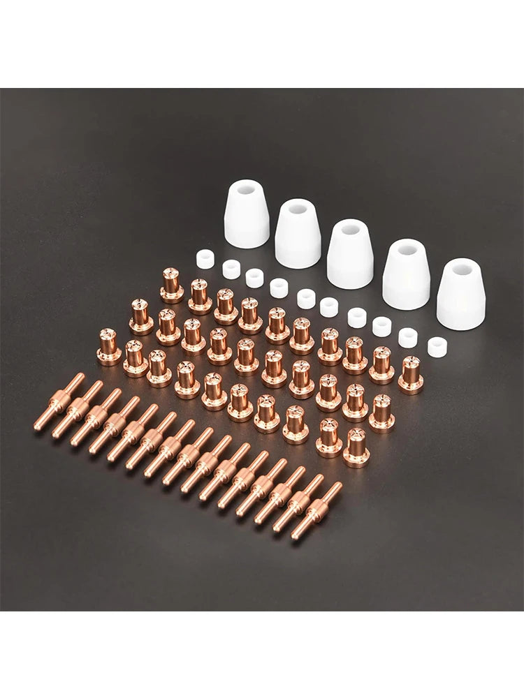 A collection of 60 plasma cutter torch consumables, including nozzles and tips, arranged on a dark surface.