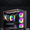 Schwarzes Computergehäuse mit mehreren leuchtenden RGB-Lüftern und internen Komponenten, das eine spannende visuelle Erfahrun