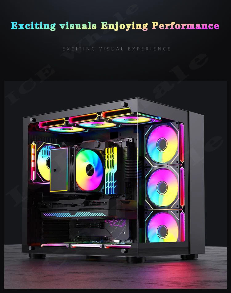 Schwarzes Computergehäuse mit mehreren leuchtenden RGB-Lüftern und internen Komponenten, das eine spannende visuelle Erfahrun