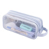 Clear mesh pencil case with a light purple strap and internal compartments for school or office organization