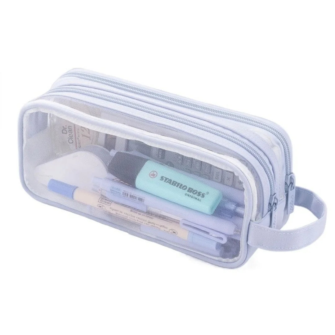 Clear mesh pencil case with a light purple strap and internal compartments for school or office organization