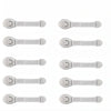 Five white child safety cabinet locks for drawers and doors shown in various orientations.