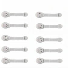 Five white child safety cabinet locks for drawers and doors shown in various orientations.