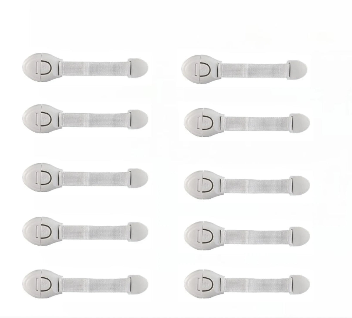 Five white child safety cabinet locks for drawers and doors shown in various orientations.