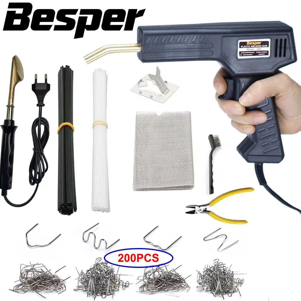 A Besper plastic repair welder and hot stapler kit with various tools and wire components.