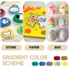 A gradient color scheme featuring stone, paper, and egg items in various shades of green, blue, yellow, and purple.