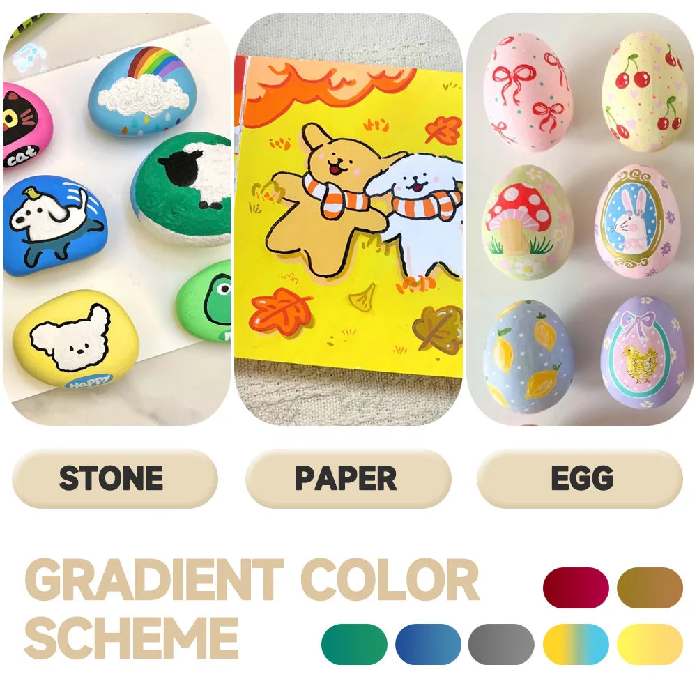 A gradient color scheme featuring stone, paper, and egg items in various shades of green, blue, yellow, and purple.