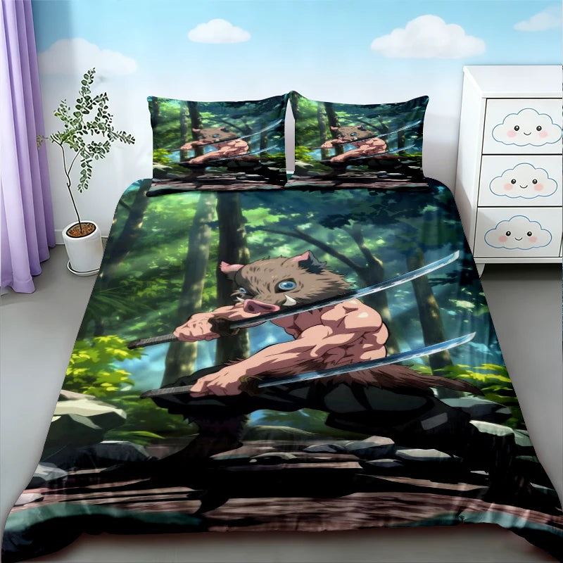 Demon Slayer Nezuko duvet cover set featuring a full, queen, and twin size design with a forest scene.