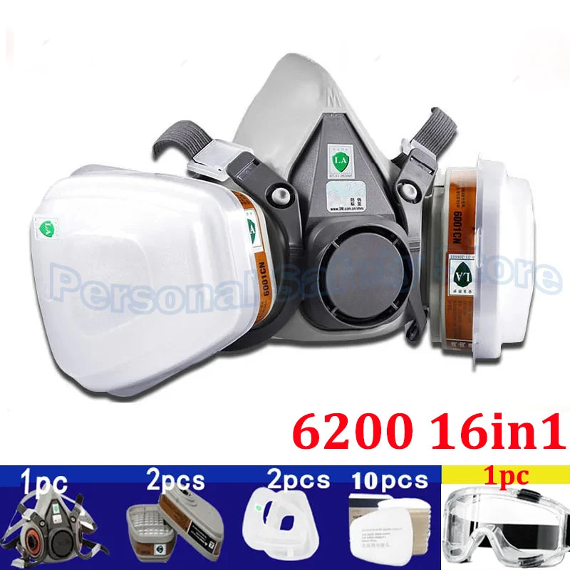 A set of half face respirator masks and safety goggles for personal protection