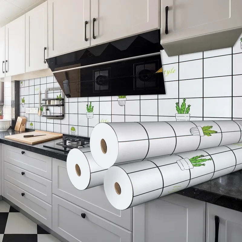Rolls of self-adhesive kitchen splashback sticker wallpaper in silver and green for a backsplash