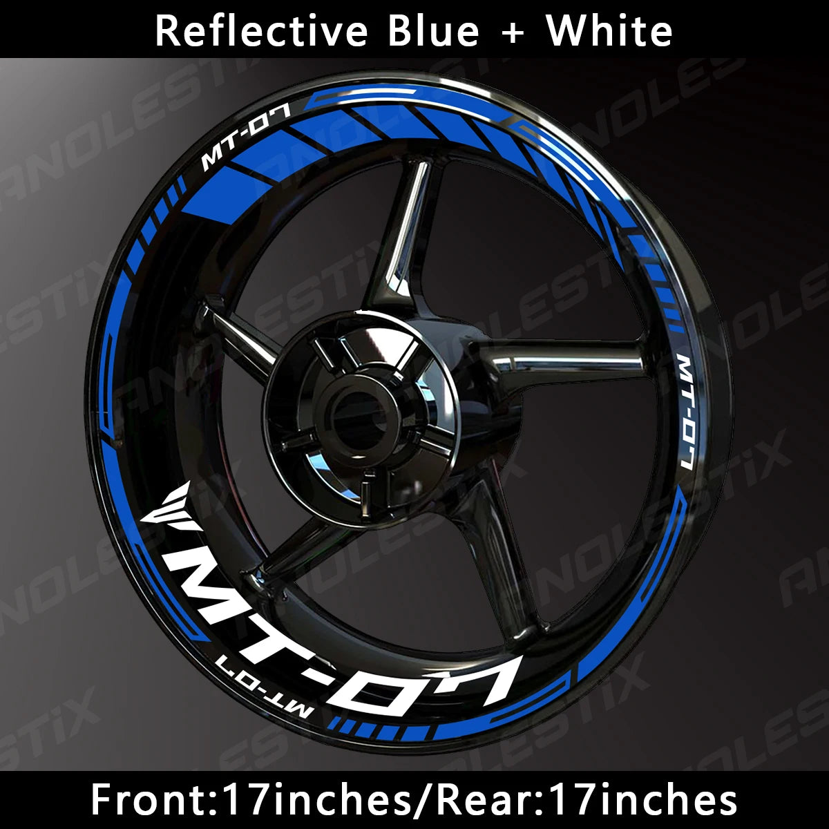 Reflective blue and white decals on a black motorcycle wheel rim for Yamaha MT-07